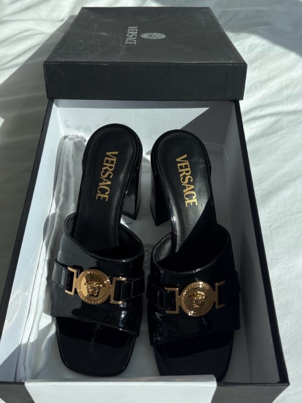 Versace Black Patent Leather Medusa Buckle Mules
